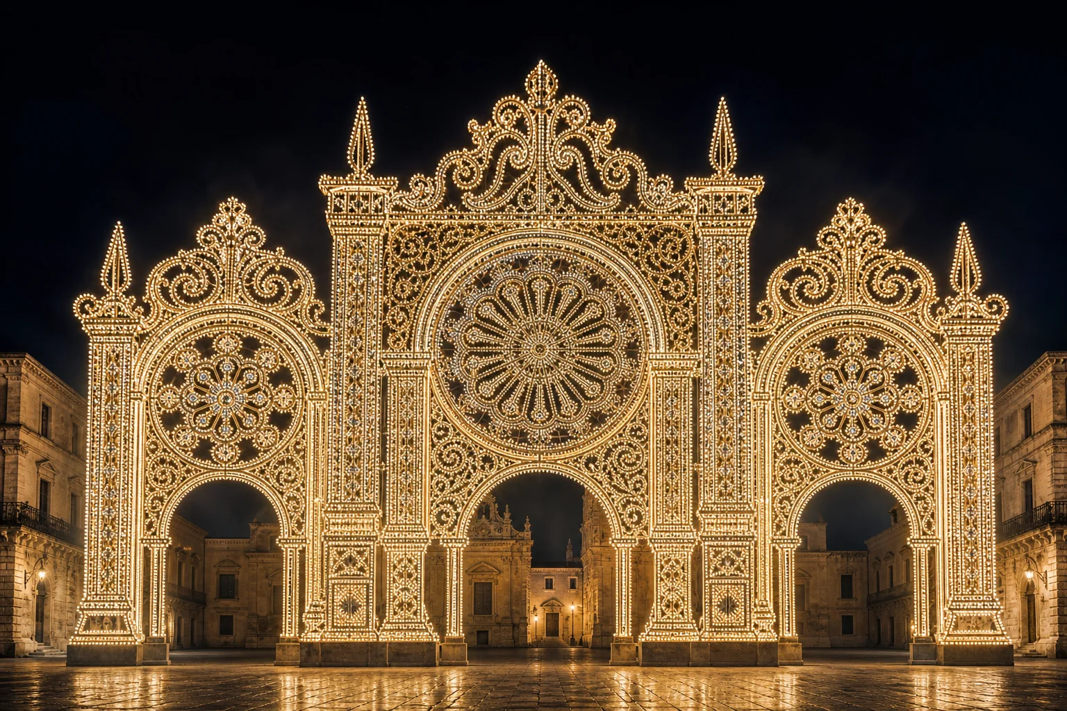 Grande arco di luminarie per una festa di piazza