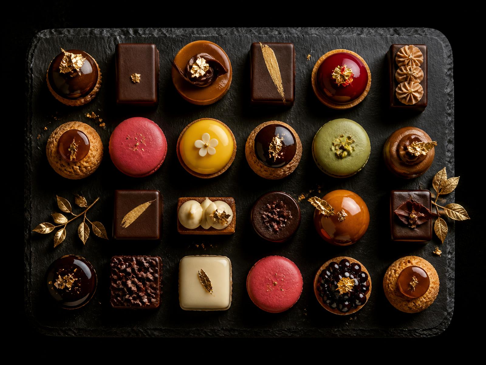 Vassoio di mignon e macaron di alta pasticceria